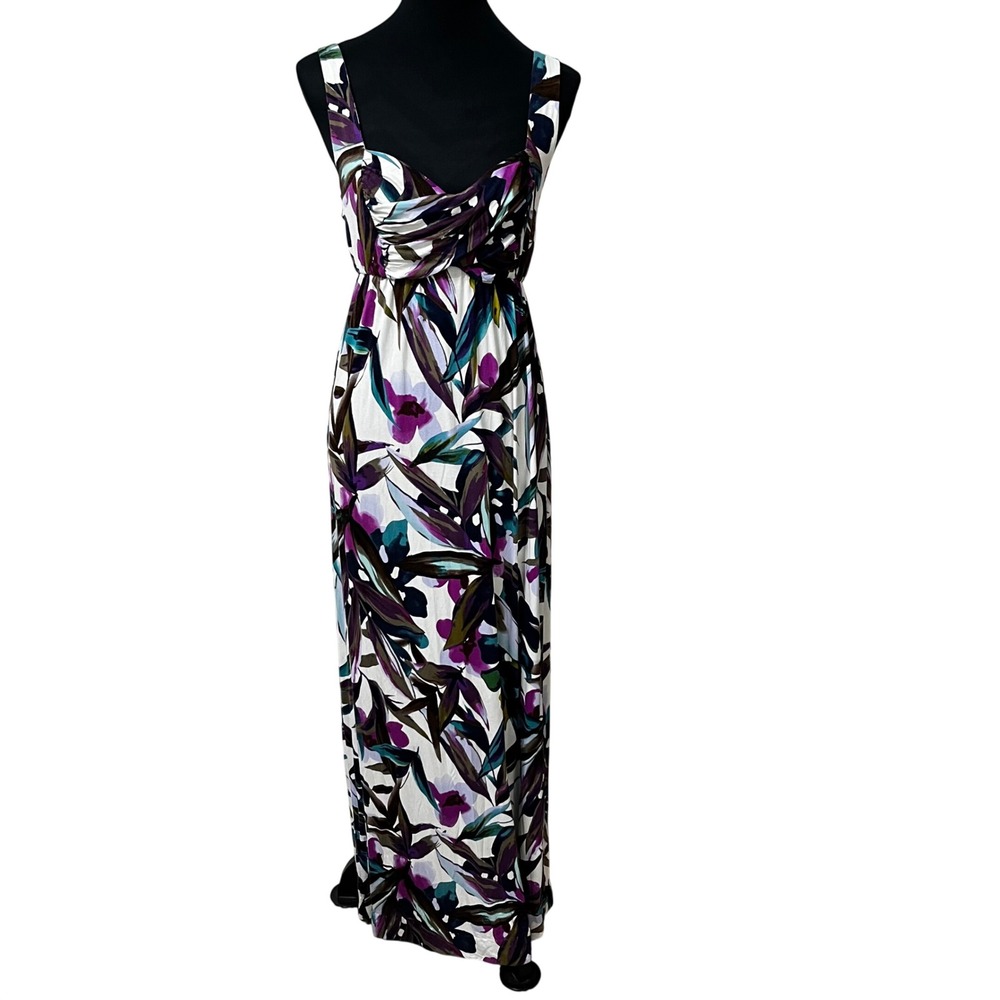 New York & Company Tropical Leaf Maxi Dress Purple Teal Stretch Jersey Medium